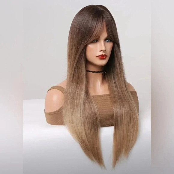 34 Inch balayage Brown & Ash Light Blonde Straig Long Wig with Open Side… - Picture 2 of 7